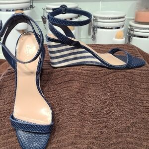 Blue and white ankle strap wedged heeled sandals
